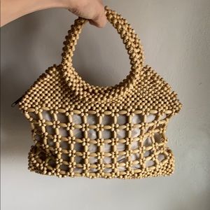 Vintage Wood Beaded Zip Top Tote Bag